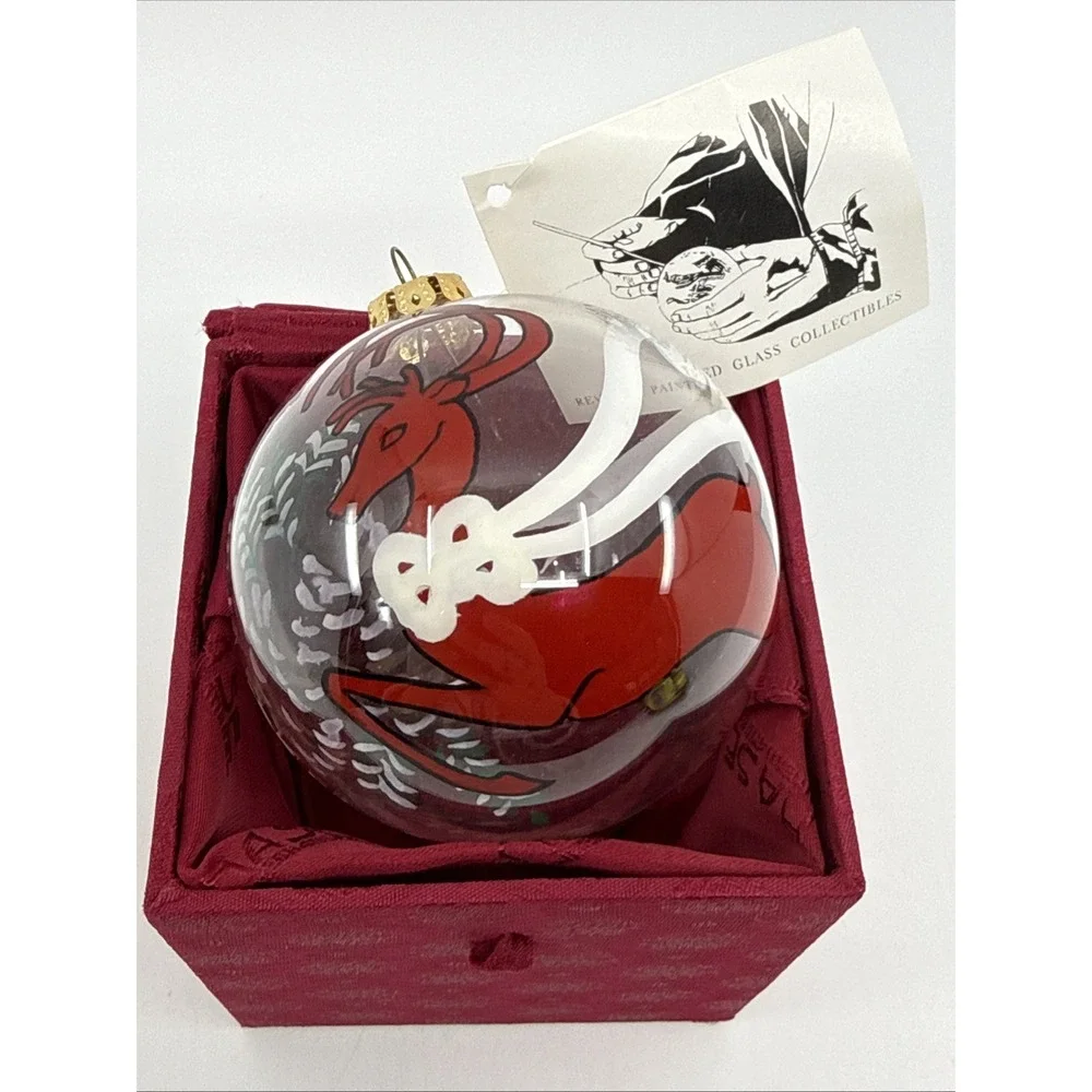 Vintage Chase‎ Reverse Painted Glass Ornament Red Reindeer Clear